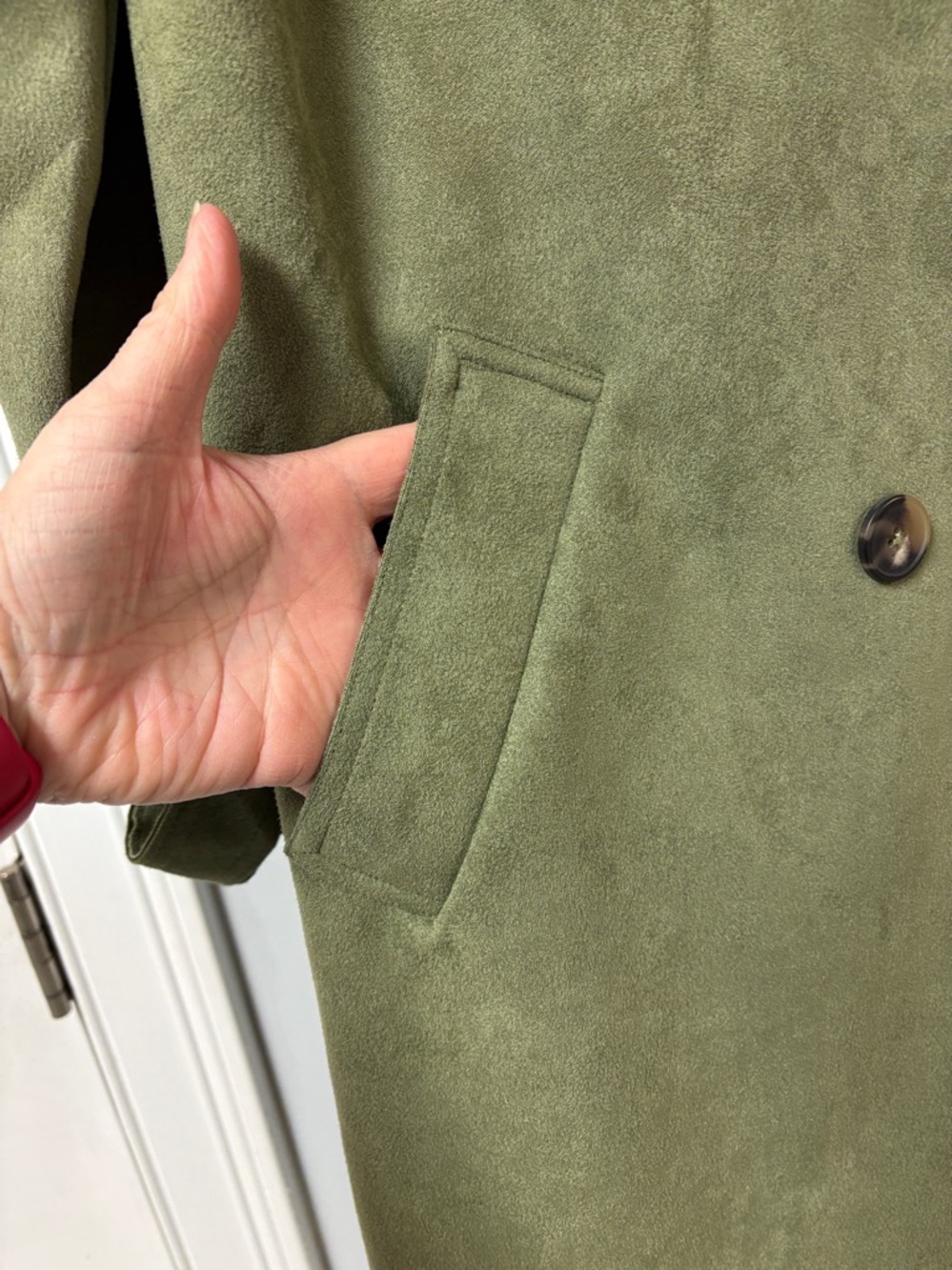 Faux Suede Sage Green Trench Coat Belted Lightweight Sz M - Picture 3 of 7